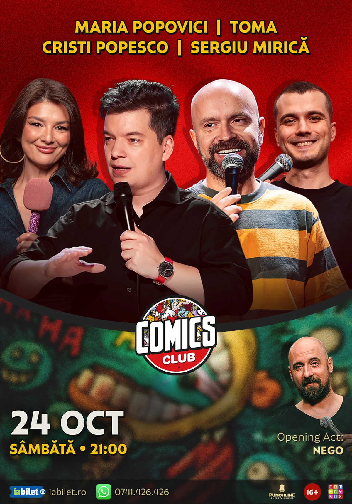 Afiș pentru Stand-up cu Cristi Popesco, Toma, Maria Popovici și Mirică la ComicsClub!