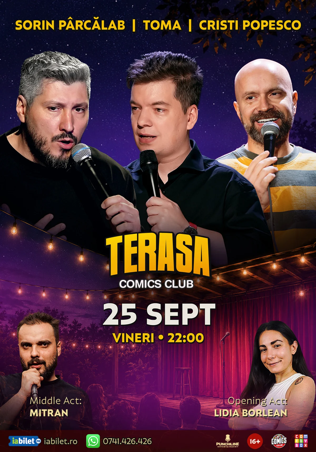 Afiș pentru Stand-up cu Cristi Popesco, Toma, Sorin Pârcălab și Virgil pe Terasa ComicsClub