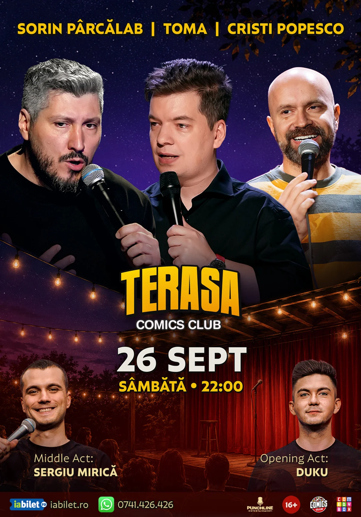 Afiș pentru Stand-up cu Cristi Popesco, Toma, Sorin Pârcălab și Ioana Luiza pe Terasa ComicsClub