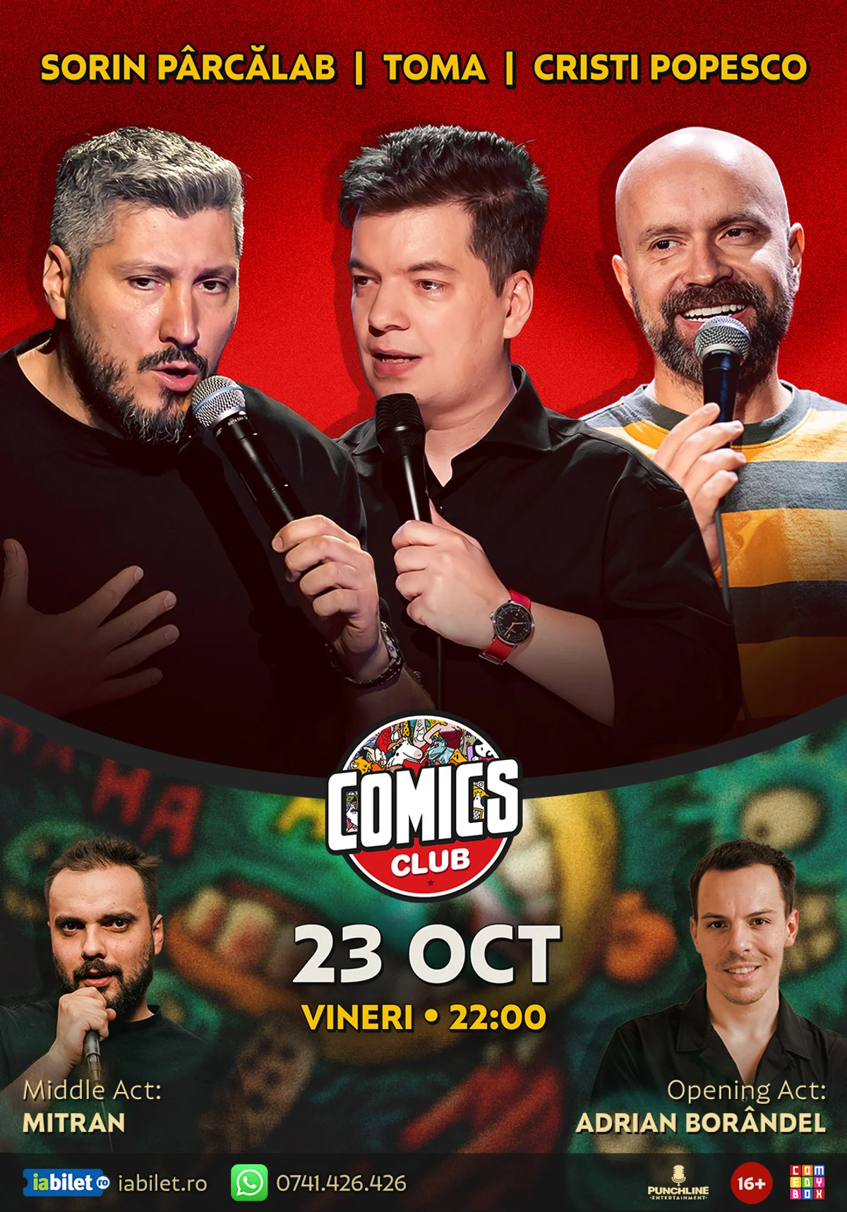 Afiș pentru Stand-up cu Cristi Popesco, Toma, Sorin Pârcălab și Ioana Luiza la ComicsClub!