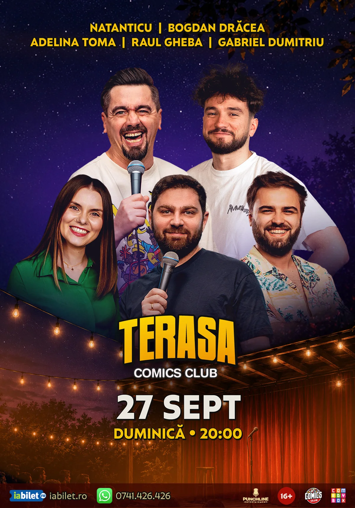 Afiș pentru Stand-up cu Natanticu, Drăcea, Raul Gheba, Adelina Toma și Gabriel Dumitriu pe Terasa ComicsClub