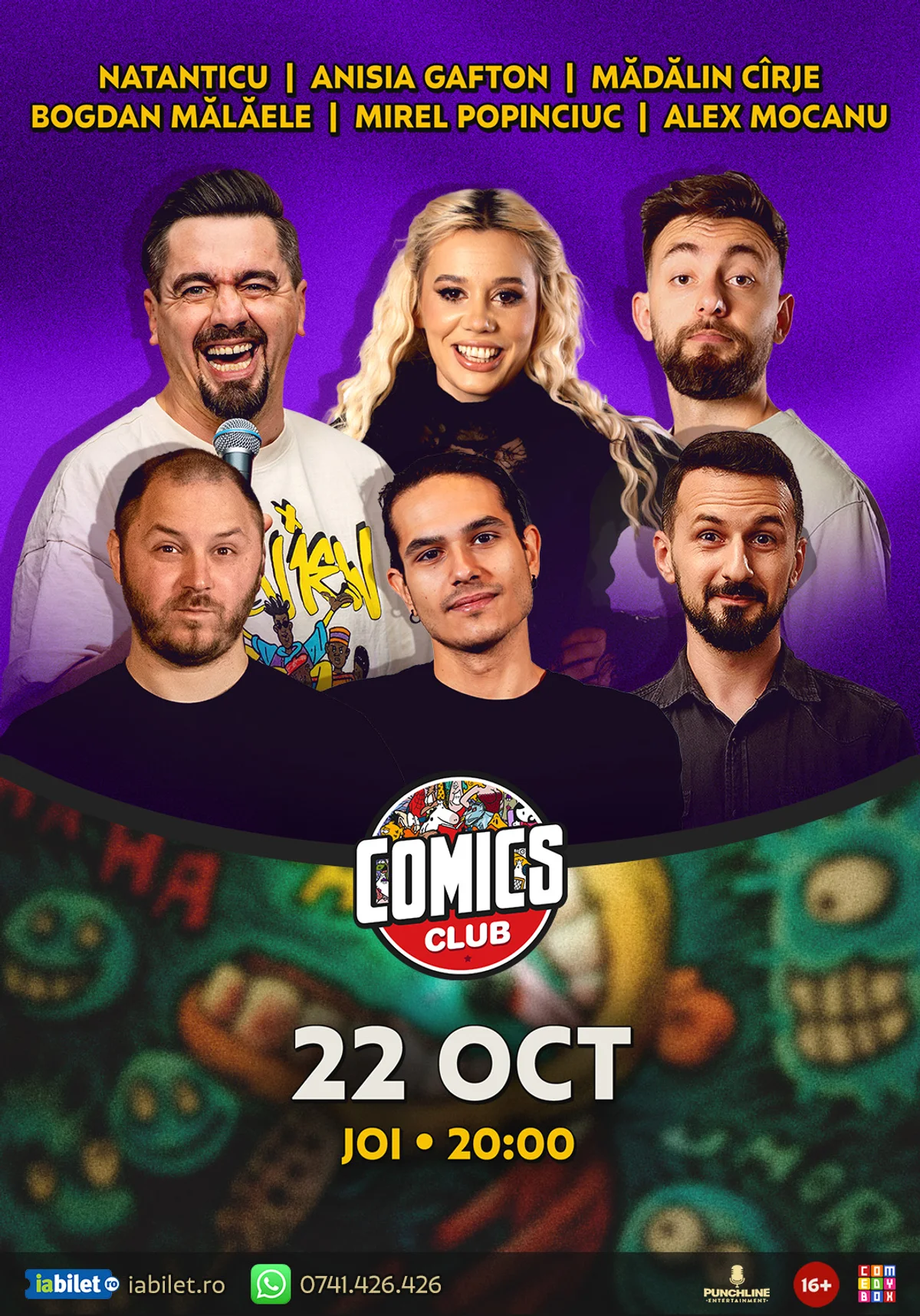 Afiș pentru Stand-up cu Natanticu, Mălăele, Cîrje, Anisia, Alex Mocanu și Mirel Popinciuc la ComicsClub!
