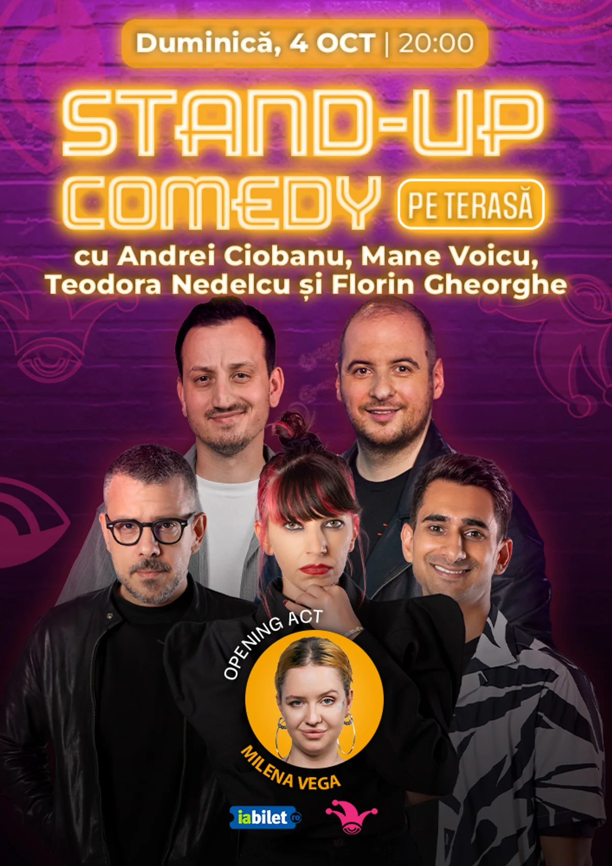 Afiș pentru The Fool Terasa: Stand-up comedy cu Mane Voicu, Frînculescu, Andrei Ciobanu, Florin Gheorghe și Teodora Nedelcu